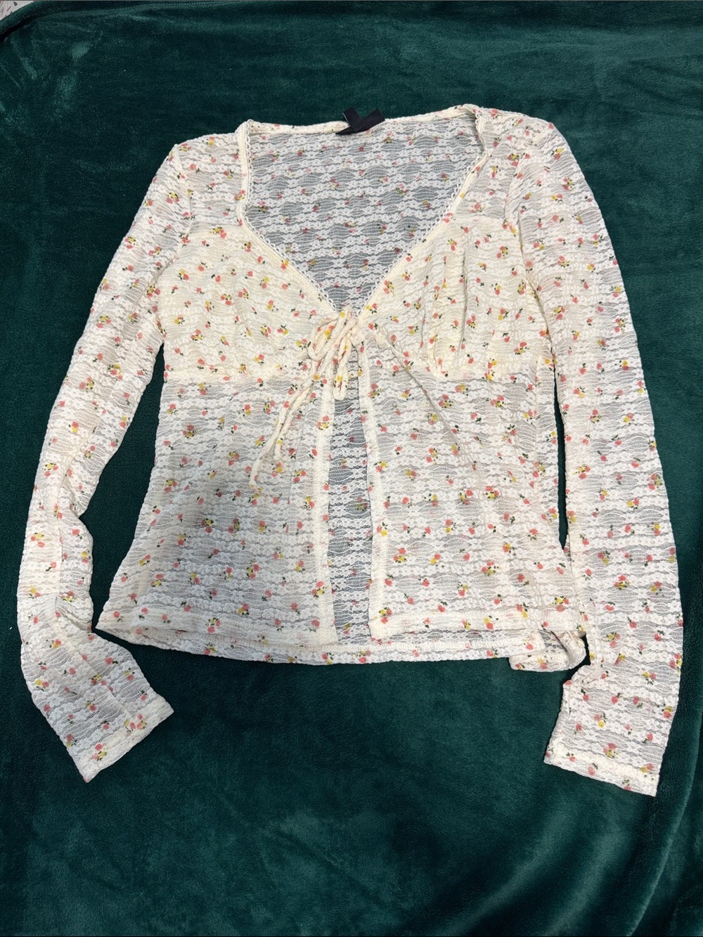 Cream Floral Tie-Front Lace Top